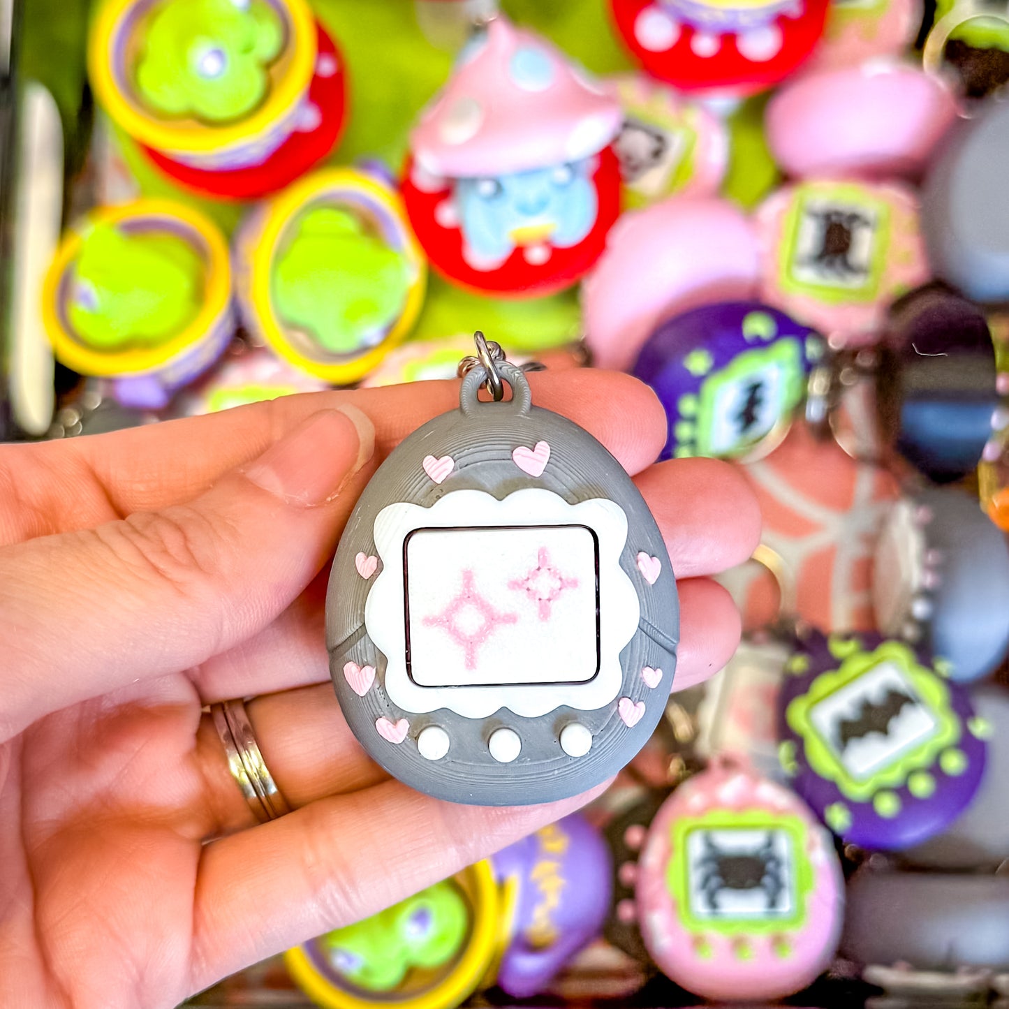 Tamagotchi with Hearts Fidget Clicker Keychain