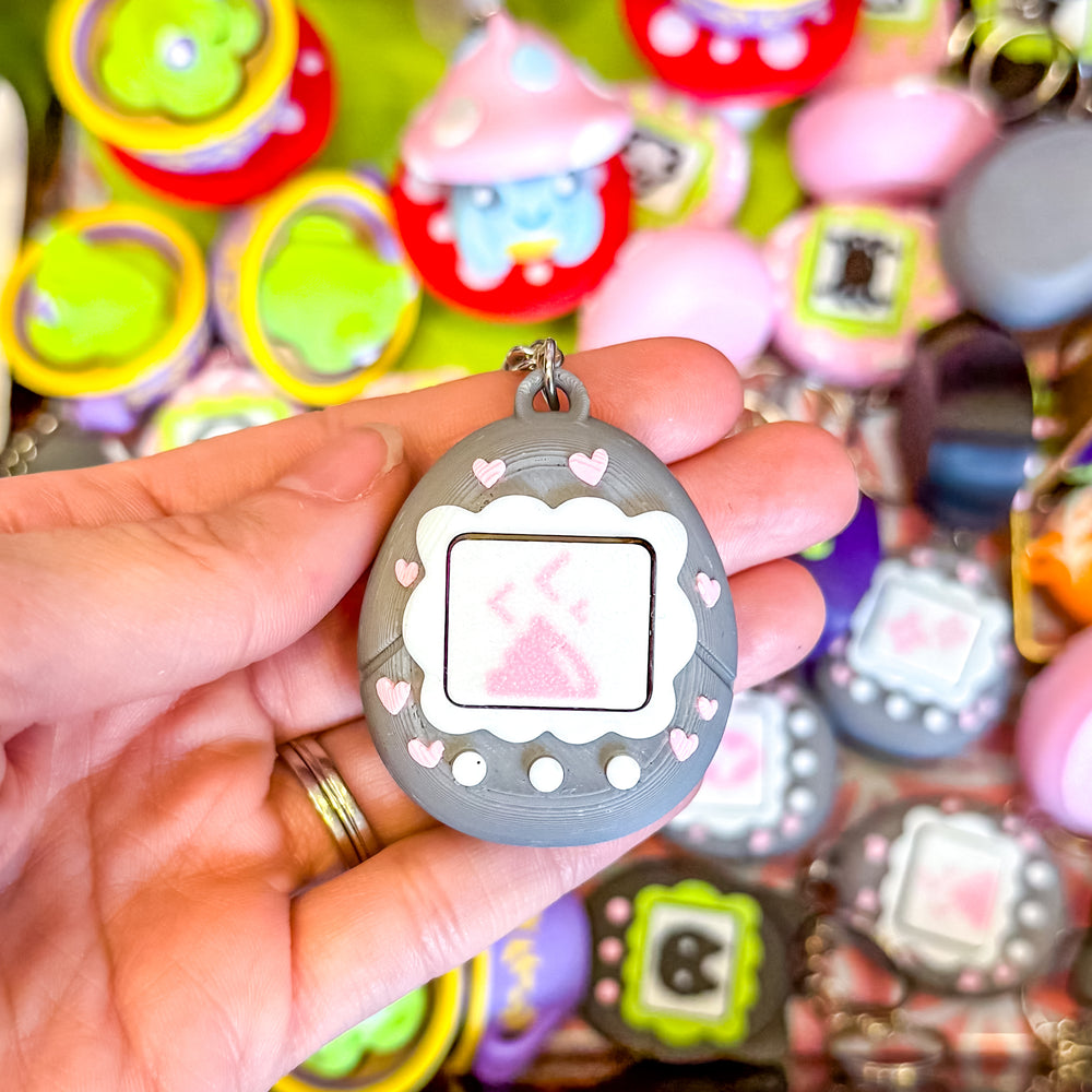 Fidget Clicker Keychain [Grey and Pink] Hearts Tamagotchi