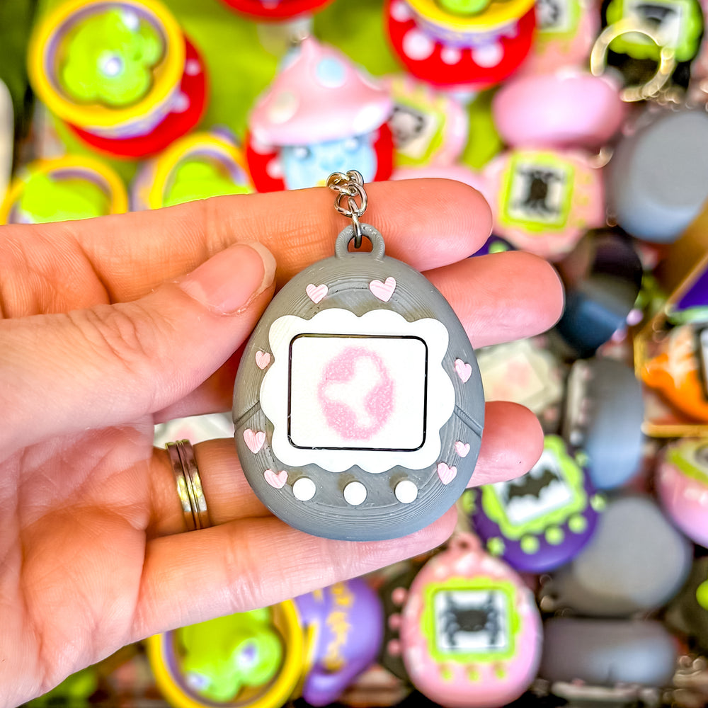 Fidget Clicker Keychain [Grey and Pink] Hearts Tamagotchi